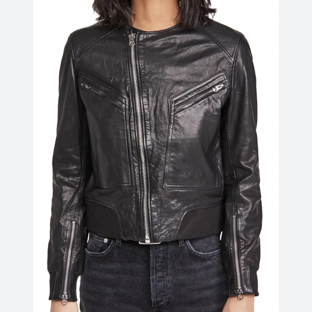 Rag & Bone 100% Lambs Leather Silver Hardware Zip Up Black Leather Jacket,Large